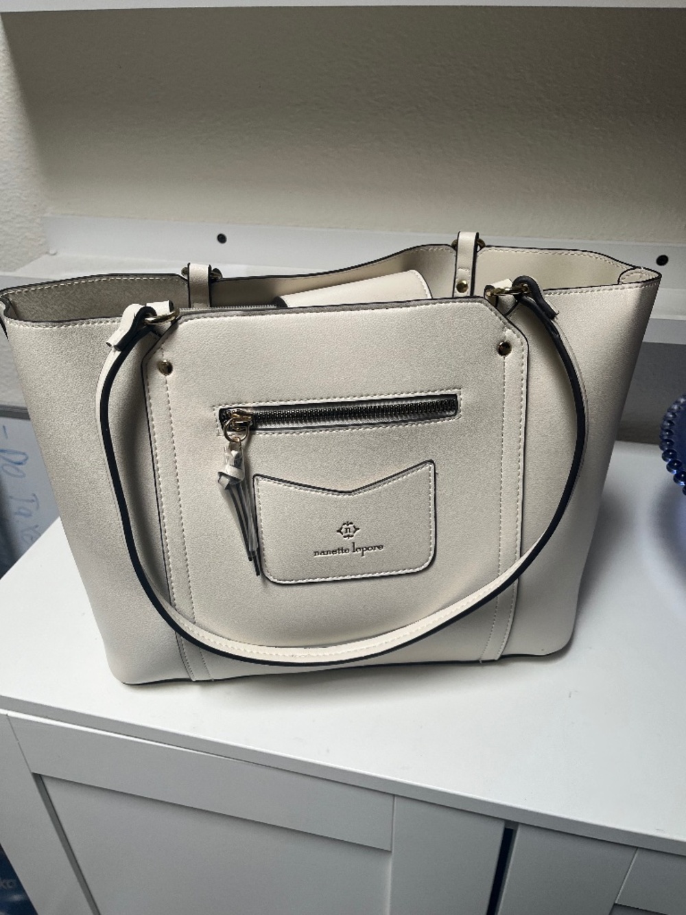 Nanette Lepore Ivory Cream Large Tote Shoulder Bag Gold Hardware